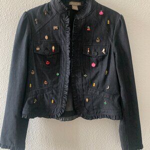 Upcycled Chambray Denim Jacket – Hand-Sewn Charms, Lightweight & One-of-a-Kind S